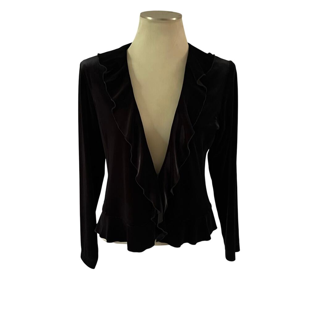 Black Velvet Long Sleeve Ruffle Blouse Sz M Whimsygoth Witchy Fairy Grunge